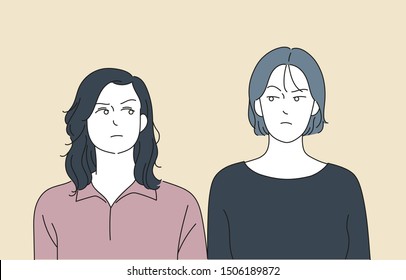 Two women stare at each other and frown. hand drawn style vector design illustrations. 