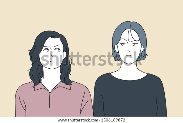 2人の女性がお互いを見詰め合い 顔をしかめた 手描きのスタイルのベクター画像デザインイラスト のベクター画像素材 ロイヤリティフリー