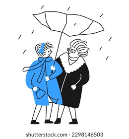 Two women struggling in bad weather vector illustration