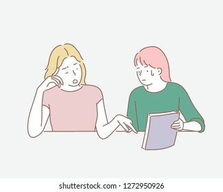 Two women are studying at the desk and one is nagging someone else. concept illustration. flat design vector graphic style