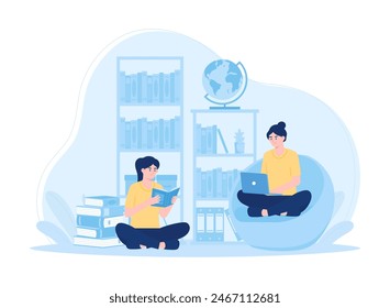 Two women are studying together in the library trending concept flat illustration