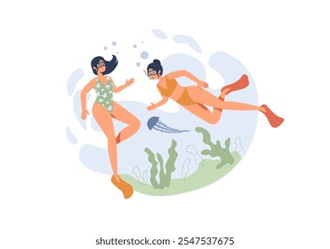 Two women swimming underwater with snorkeling gear and colorful swimwear. One is pointing at a jellyfish while the other is enjoying the view. Vector illustration