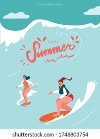 Two women in the swimwear surfing in sea or ocean. Summer poster with people in beachwear or rash guard with surfboards. Colorful flat character vector illustration.