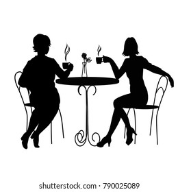 Two women at a table, drinking coffee, vector illustration, black and white silhouette, sisters