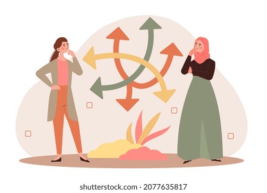 Two women are taking difficult and complex task questions. Concept of decision making process with many solution path choices. Career routes arrows. Flat cartoon vector illustration