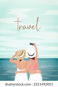 two women taking pictures by the sea beautiful blue ocean view background woman resting in summer leisure travel travel