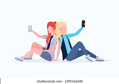 two women taking selfie photo on smartphone camera female cartoon characters sitting back to back each other and posing on white background flat full length horizontal