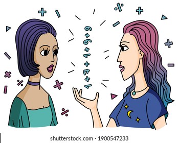 Two women talk about numbers, numerology and mathematics. Consulting about the mission with the client. Vector illustration