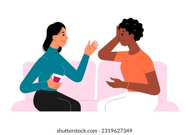 Dos mujeres hablan y beben sentadas en un sofá, sus amigas chatean y pasan tiempo juntas, las jóvenes tienen una conversación sentadas en un cómodo sofá, ilustración vectorial plana