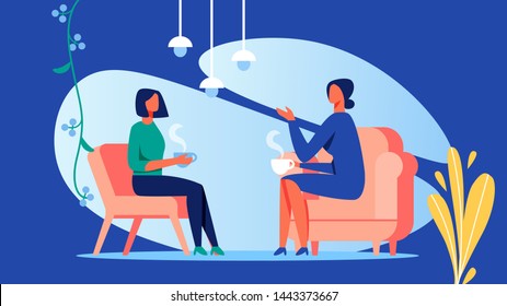 Two Women Talk at Room. Coffee Break. Women Discussion. Training for Women. Vector Illustration. Blue Background. Psychology Consultation Coach and Client. Woman Sitting on Chair in front Each Other.