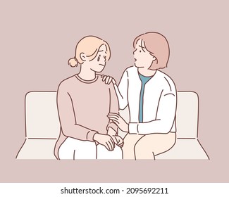 Two women talking about problems at home. Friendship consoling and care, unhappy girl support her girlfriend. Hand drawn style vector design illustrations.