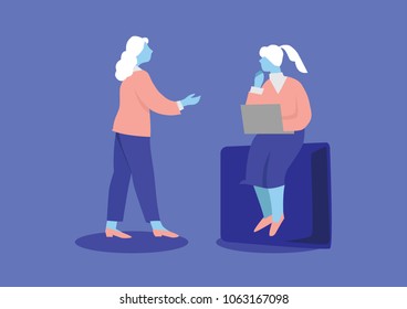 Two women talking business flat trend design blue