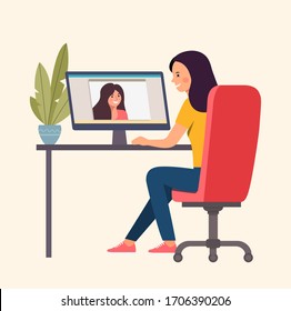  Two women talking by videochat. Vector flat style Illustration