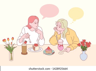 Two women are talking to each other at the table with the vase, drinking a sweet piece of cake and a drink. hand drawn style vector design illustrations. 