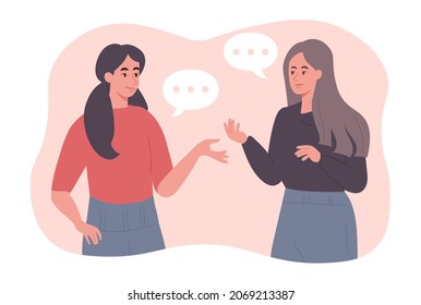 Two women talking to each other concept. Female characters communicate and discuss news. Friends have dialogue about their affairs and hobbies. Speech bubble. Cartoon modern flat vector illustration