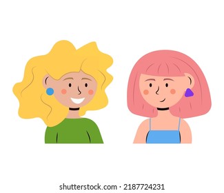 Dos mujeres hablando entre ellas. Las amigas felices tienen una conversación. Ilustración vectorial plana aislada en fondo blanco.
