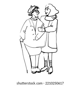 Two women are talking to each other. A young girl helps an elderly woman. A hand-drawn sketch. Vector illustration