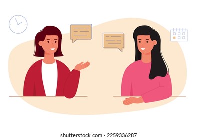 Two women are talking to each other. Female characters chat and discuss news. Friends conduct a dialogue about their affairs and hobbies. Speech bubble. Vector illustration