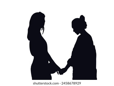  two women, talking to each other. Handshake. Icon Isolated on White Background.