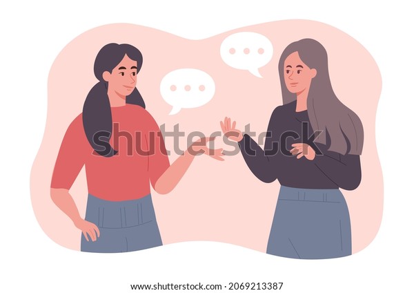 Two women talking to each other concept.\
Female characters communicate and discuss news. Friends have\
dialogue about their affairs and hobbies. Speech bubble. Cartoon\
modern flat vector\
illustration