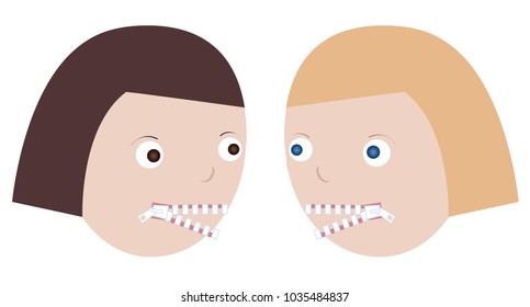 Two women talking gossiping open mouth zipper unclosed. Concept of free expression, broken silence. Isolated on white background.