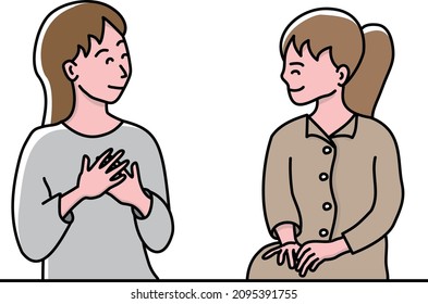 Two women talking happily with a smile