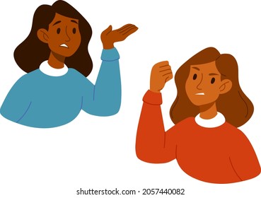 Two women talking, have a conversation, dialogue. Angry agressive woman. Young girl, female face with raised fist icon. Negative facial expression, rage. Misunderstanding of colleagues, conflict