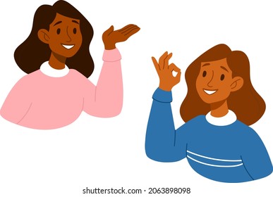 Two women talking, have a conversation, dialogue.Girl showing point with hand on something. Character gesturing hand. Human emotion ok sign. For banner. Nonverbal communication signal drawing.