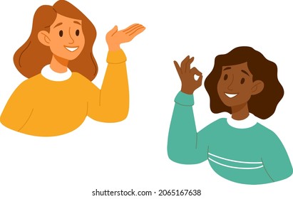 Two women talking, have a conversation, dialogue.Girl showing point with hand on something. Character gesturing hand. Human emotion ok sign. For banner. Nonverbal communication signal drawing.