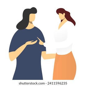 Two women talking, one in a blue top and the other in a white blouse with an orange skirt. Casual conversation, friendly chat vector illustration.