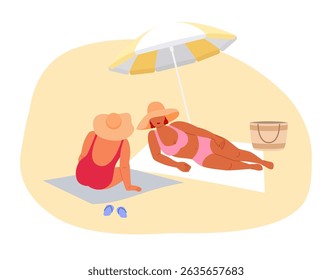 Two women talking and relaxing on the beach, lying under a sun umbrella. Flat vector illustration of vacation, summer holidays.