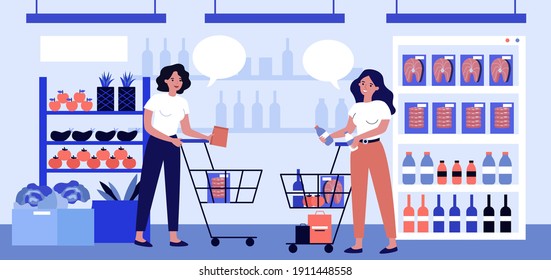Two women talking in supermarket and choosing products. Food, cart, retail flat vector illustration. Consumerism and shopping concept for banner, website design or landing web page