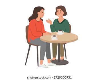 Two women are talking at a table in a cafe. Flat vector illustration isolated on a white background