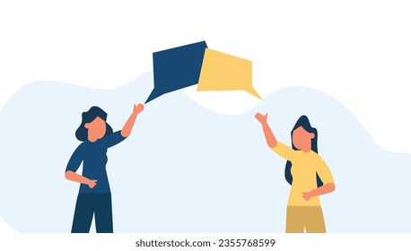 Dos mujeres hablando de comunicación de ilustración plana vectorial. Fondo de conversación de grupo de personajes de discusión femeninos. Conversación de amigos y diseño conceptual. Una pareja de amigas señora chismes burbuja diálogo