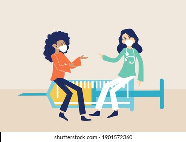 Two women are talking while sitting on a syringe containing a treatment or vaccine