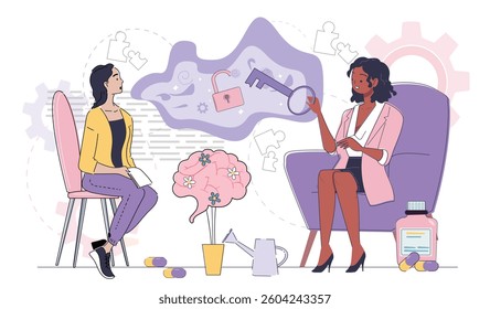 Two women in a therapy session setting, one as a therapist and one as a patient, illustrated in flat style with abstract background elements. Concept of mental health. Vector illustration