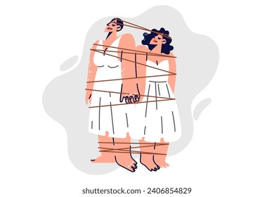 Two women tied with rope demonstrate psychological dependence and lack of personal space. Female friends with psychological addiction need help of psychotherapist to get rid of suffering