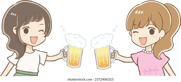 Two Women Toasting with Draft Beer, Upper Body