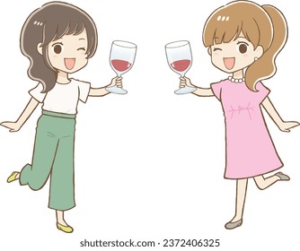 Two Women Toasting with Red Wine, Full Body