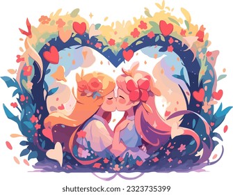 Two women touching their lips in front of a heart shape. World Kiss Day  and LGBTconcept