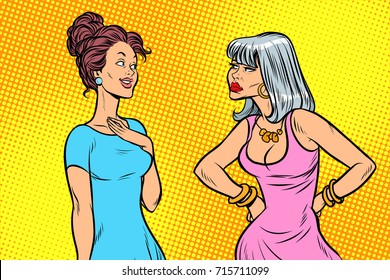 Two women, tough and quiet. Emotions and girlfriends. Pop art retro vector illustration