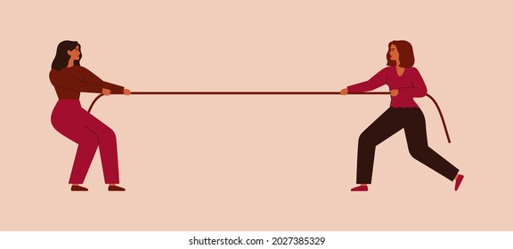 Two women tug of war and look at each other. Businesswomen pull of rope or compete for something. Concept of business competition. Vector illustration