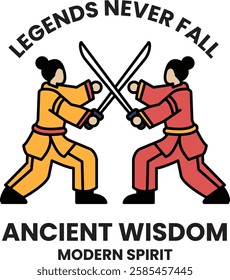 Two women in uniforms are fighting with swords in the style of sign illustrations
