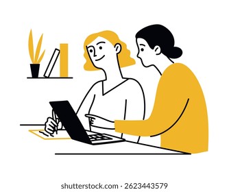 Duas mulheres usando laptop, trabalhando no projeto. Tecnologia digital. Ilustração de doodle isolada de vetor, estilo simples, arte de linha, contorno