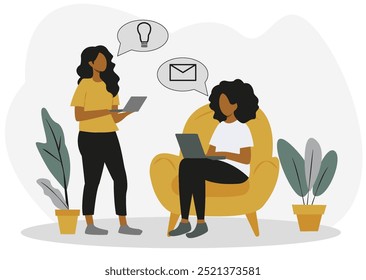 Duas mulheres usando laptops em um ambiente de escritório doméstico, uma em pé e outra sentada em uma cadeira. Estilo minimalista com plantas no fundo. Conceito de educação on-line e trabalho remoto. Vetor
