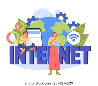 Two women using laptops and tablets, global connectivity concept with a globe, gears, and Wi-Fi symbol in the background. Vector illustration