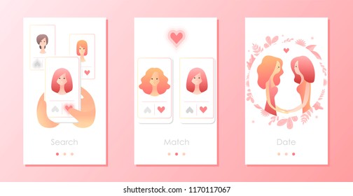 Two women using mobile application for dating or searching romantic partner on internet. Gay female couple met online. Mobile app templates concept vector illustration flat design