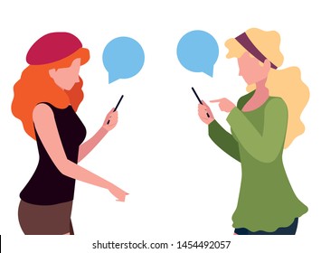 two women using smartphone talking