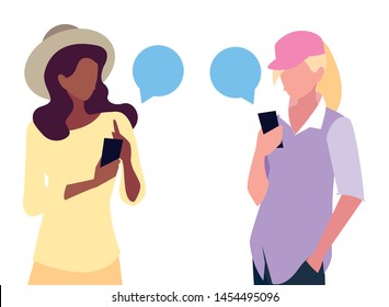 two women using smartphone talking
