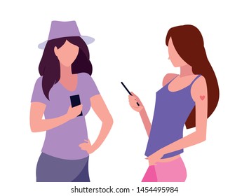 two women using smartphone talking